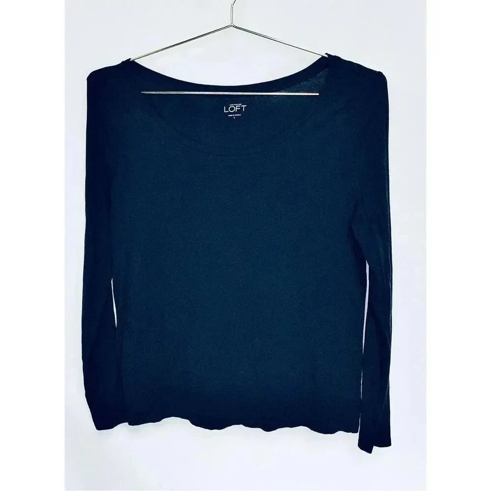 Loft Womens Navy Blue Cotton Long Sleeve Scoop Neck Pullover Soft Tee Size Large